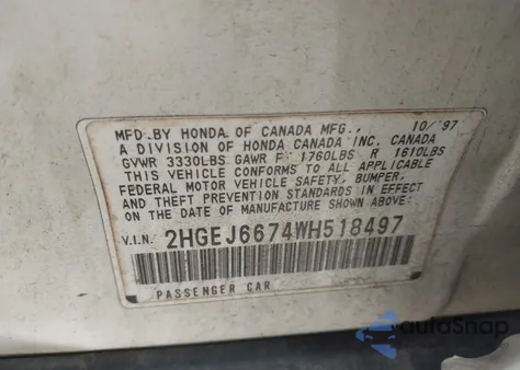 1998 Honda Civic Lx z USA, uszkodzony, nr VIN 2HGEJ6674WH518497